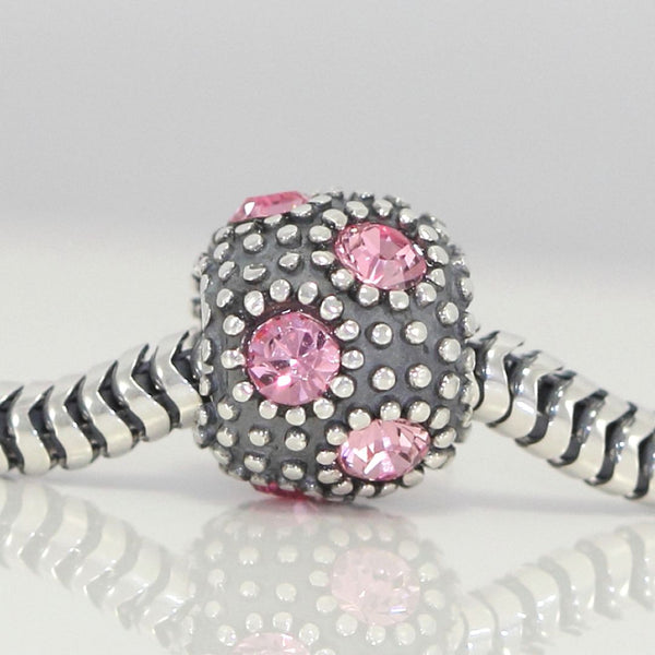1pc 925 Sterling Silver October Birthstone Bead Charm, Pink Tourmaline Cubic Zirconia CZ, 10.3x9mm, Hole ID 4.5mm, EC1-M10