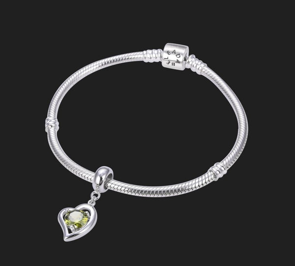 1pc 925 Sterling Silver Love Heart August Birthstone Charm Drop, Green Peridot Cubic Zirconia CZ, 26mm (1 inch) Long, Hole ID 4.5mm, EC1-E8
