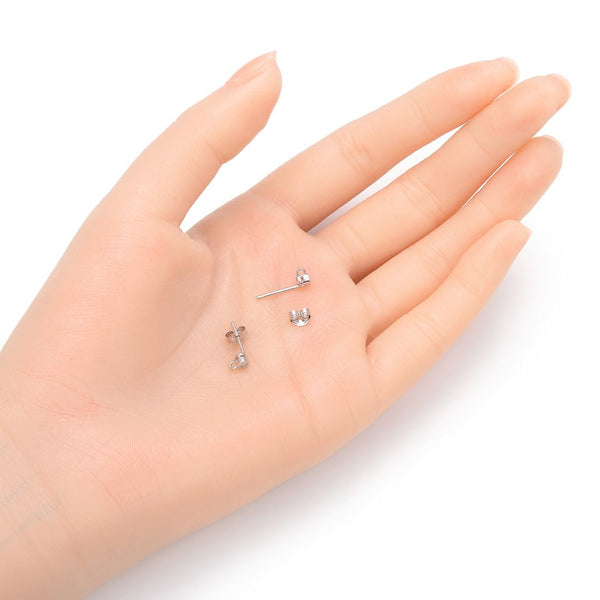 2 Pairs Sterling Silver Earring Posts, Closed Ring, 4pcs Earring Backs, Cubic Zirconia CZ , Tarnish Resistant Rhodium Plated, CZ Size Selections: 2/3/4/5mm