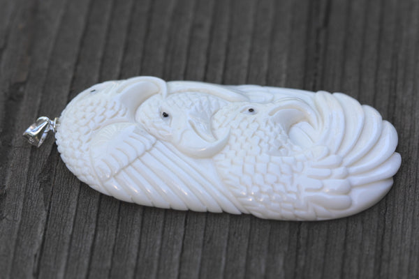 1pc Beautiful Three-Eagle Family Hand Carved White Buffalo Bone Drop Pendant, Symbol of Strength Prosperity Pendant, with Sterling Silver Bail, 2.36 Inch, BP-118