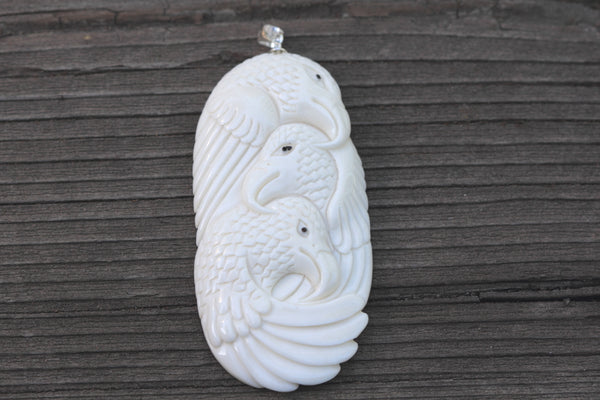 1pc Beautiful Three-Eagle Family Hand Carved White Buffalo Bone Drop Pendant, Symbol of Strength Prosperity Pendant, with Sterling Silver Bail, 2.36 Inch, BP-118