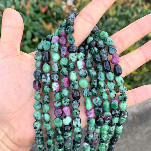 Natural Ruby Zoisite Gemstone Oval Tumbled Pebble Beads, Irregular, 8mm to 10mm, Hole ID 1mm, 15 Inch/1 Strand, GZ12-78