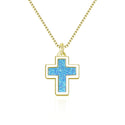 1pc Natural Druzy Crystal Pendant Necklace, Aquamarine Blue Cross Small Gemstone Pendant, 18 inch Gold Plated Stainless Steel Chain, GGP20-3