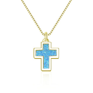 1pc Natural Druzy Crystal Pendant Necklace, Aquamarine Blue Cross Small Gemstone Pendant, 18 inch Gold Plated Stainless Steel Chain, GGP20-3