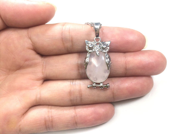 1pc Natural Pink Rose Quartz Gemstone Owl Pendant Necklace, 18 Inch Surgical Stainless Steel Chain, GGP-G7
