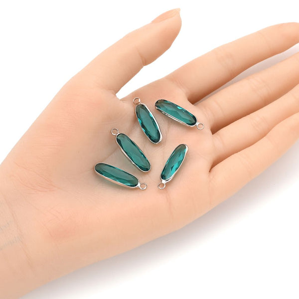 10pcs Grade A December Blue Zircon Rectangle Bar Birthstone Charm Drops, Sterling Silver Plated Brass, 21x7mm, CCP8-S12