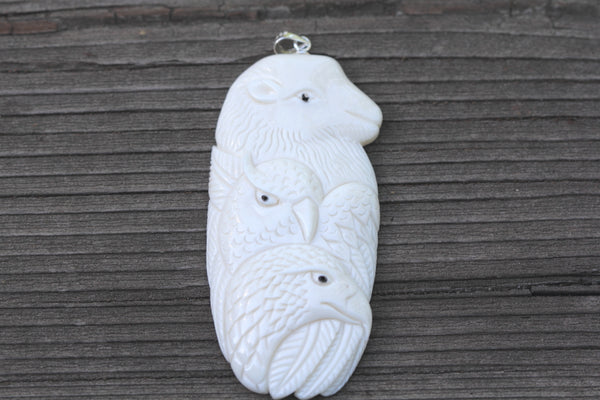 1pc Beautiful Two Eagle & Buffalo Hand Carved White Buffalo Bone Drop Pendant, Symbol of Strength Prosperity Pendant, with Sterling Silver Bail, 2.3 Inch, BP-120