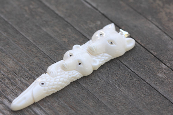 1pc Beautiful Sacred Two-Bear Totem  Hand Carved White Buffalo Bone Drop Pendant, Symbol of Strength Prosperity Pendant, with Sterling Silver Bail, 3 Inch Long, BP-122