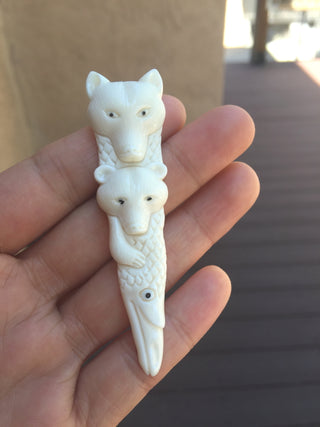 1pc Beautiful Sacred Two-Bear Totem  Hand Carved White Buffalo Bone Drop Pendant, Symbol of Strength Prosperity Pendant, with Sterling Silver Bail, 3 Inch Long, BP-122
