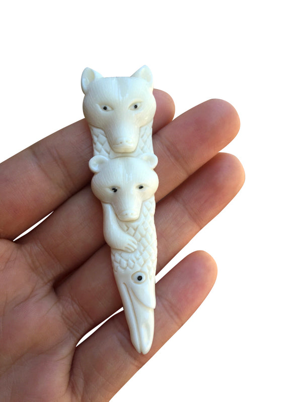 1pc Beautiful Sacred Two-Bear Totem  Hand Carved White Buffalo Bone Drop Pendant, Symbol of Strength Prosperity Pendant, with Sterling Silver Bail, 3 Inch Long, BP-122