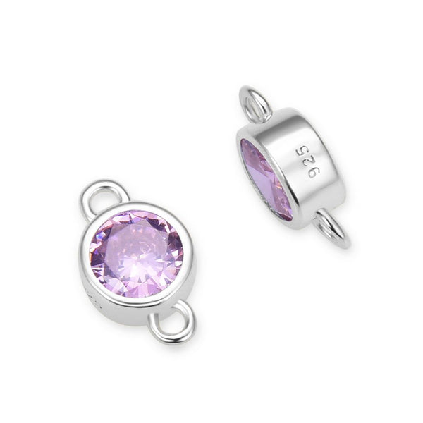 2pcs 925 Sterling Silver 4mm Tiny October Birthstone Links, Tarnish Resistant, Pink Tourmaline Cubic Zirconia Gemstone Connector, SXP6-10