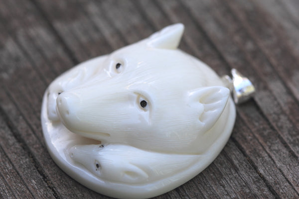 1pc Beautiful Wolf Family Hand Carved White Buffalo Bone Drop Pendant, Symbol of Strength Prosperity Pendant, with Sterling Silver Bail, 1.3 Inch, BP-124
