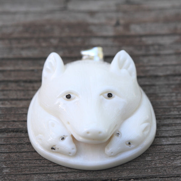 1pc Beautiful Wolf Family Hand Carved White Buffalo Bone Drop Pendant, Symbol of Strength Prosperity Pendant, with Sterling Silver Bail, 1.3 Inch, BP-124