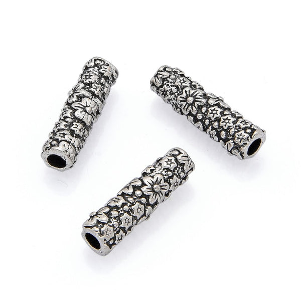 50pcs Large Hole Flower Pattern Tube Beads, Antique Silver, 20mm, Hole ID 3mm, MC-T5