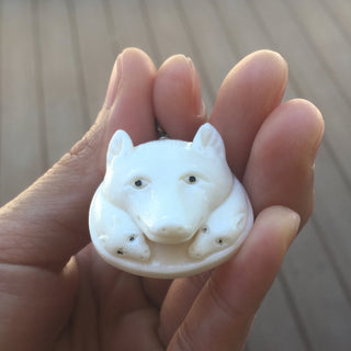 1pc Beautiful Wolf Family Hand Carved White Buffalo Bone Drop Pendant, Symbol of Strength Prosperity Pendant, with Sterling Silver Bail, 1.3 Inch, BP-124
