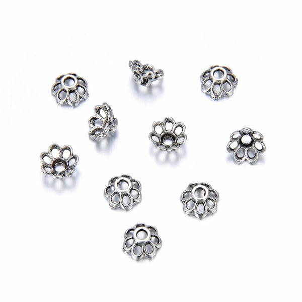 200pcs 7-Petal Flower Bead Caps, 8mm Bead End Caps, Antique Silver, MC-AB8
