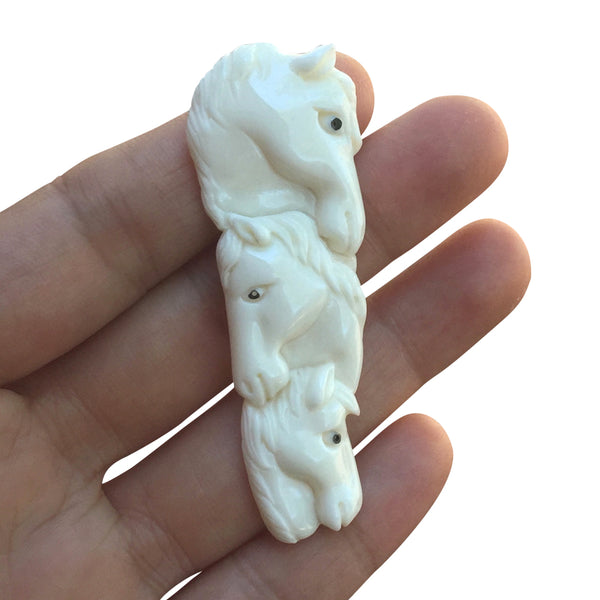 1pc Beautiful Three Horse Family Hand Carved White Buffalo Bone Drop Pendant, Symbol of Strength Prosperity Pendant, with Sterling Silver Bail, 2.5 Inch, BP-126