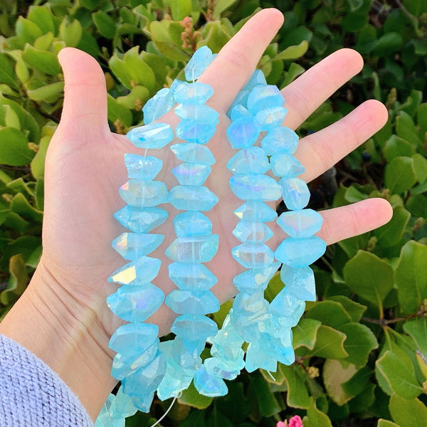 Natural Raw Crystal Quartz Nugget Drilled Gemstone Beads, Aqua Blue AB Titanium Coated Stone Nuggets, 15 Inch, GA-B7