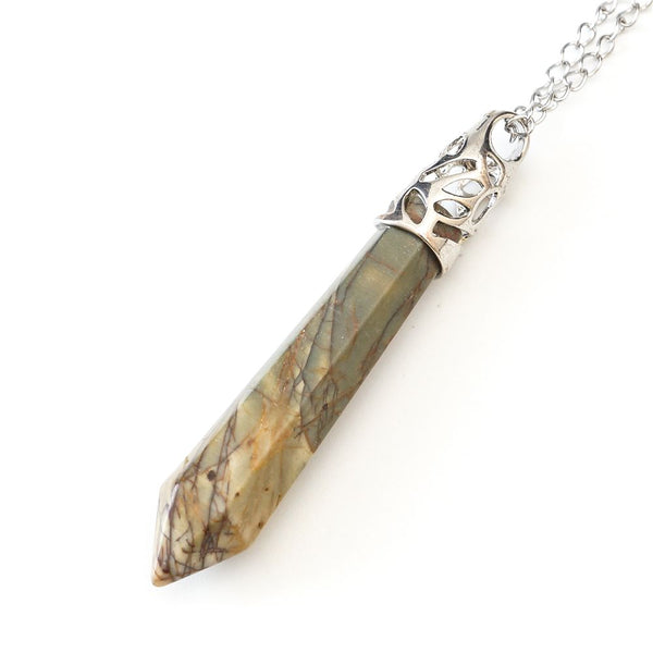 1pc Natural Unakite Jasper Hexagonal Pile Gemstone Pendant Necklace, 18 Inch Surgical Stainless Steel Chain, GGP-B15