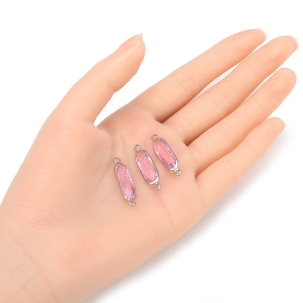 10pcs Grade A October Pink Rectangle Bar Birthstone Links, Sterling Silver Plated Brass, 21x7mm, CCP9-S10