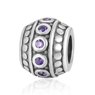 1pc 925 Sterling Silver Round February Birthstone Bead Charm, Purple Amethyst Cubic Zirconia CZ, 10x8mm, Hole ID 4.5mm, EC1-F2