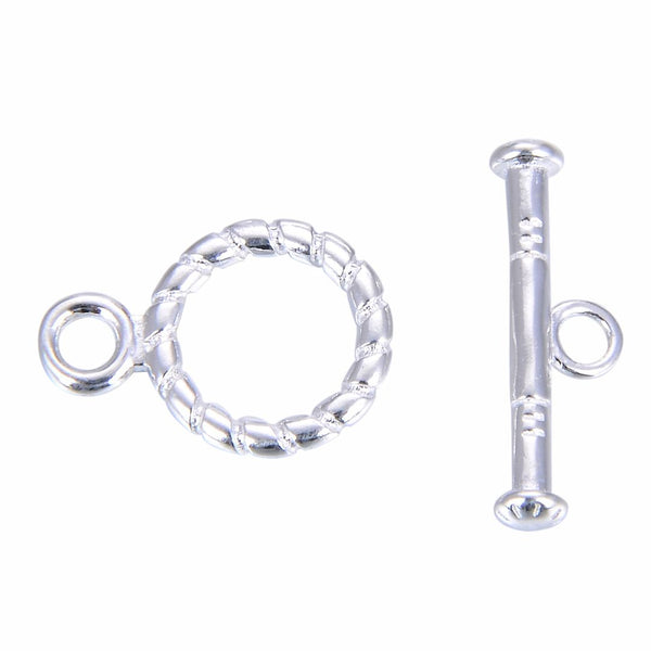 2 Sets 925 Sterling Silver Round Twisted Toggle Clasps, T-Bar Jewelry Closure, 10.5mm (0.41 Inch), SS423