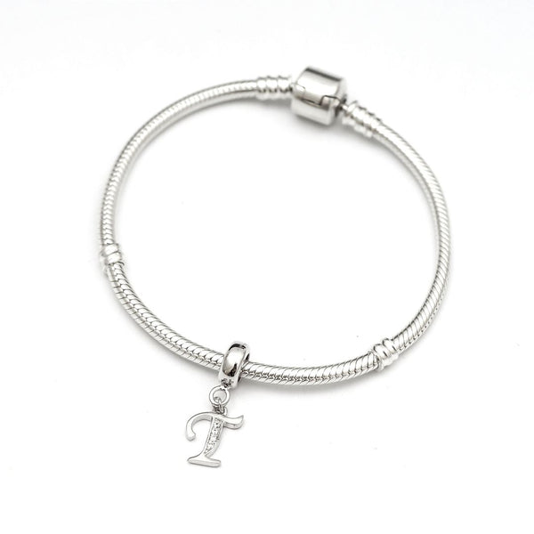 1pc 925 Sterling Silver Letter T, Alphabet Charm Pendant Drop, 18mm Long, Hole ID 4.5mm, EC3-A20