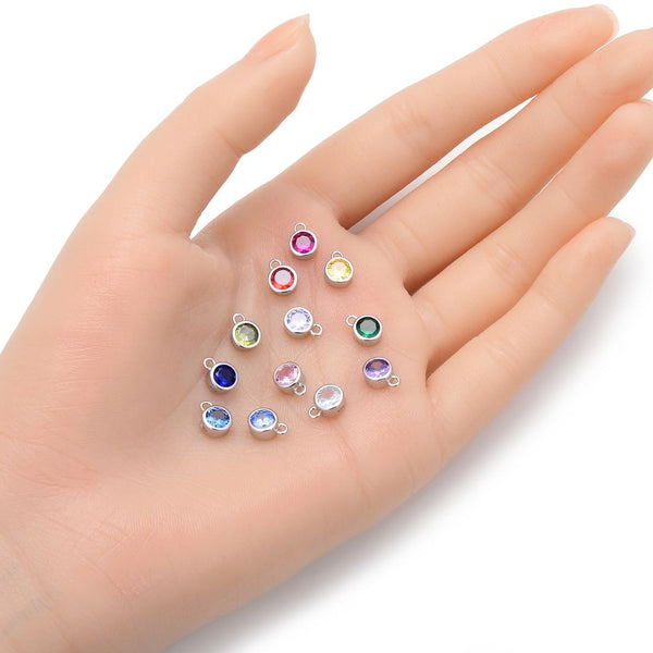 2pcs 925 Sterling Silver 6mm March Birthstone Charm Drop Pendants, Tarnish Resistant, Aquamarine Blue Cubic Zirconia Gemstone, SXP8-3