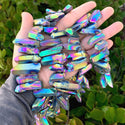 1 Strand Natural Raw Crystal Quartz Gemstone Beads, Large Drilled Stone Points, Rainbow AB Titanium Coated Gem Stick, 15 Inch, GA-E5