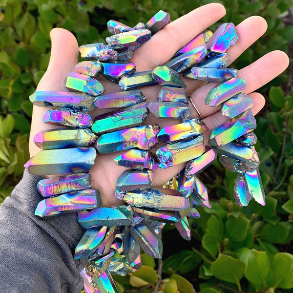 1 Strand Natural Raw Crystal Quartz Gemstone Beads, Large Drilled Stone Points, Rainbow AB Titanium Coated Gem Stick, 15 Inch, GA-E5