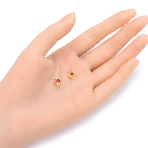 2pcs 925 Sterling Silver 6mm January Birthstone Links, Real 18K Yellow Gold Plated, Garnet Red Cubic Zirconia Gemstone Connector, SXP9-1