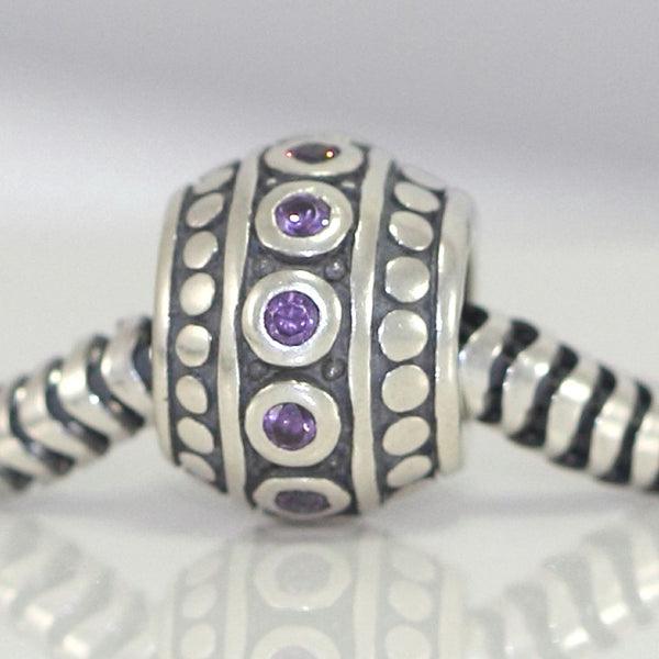 1pc 925 Sterling Silver Round February Birthstone Bead Charm, Purple Amethyst Cubic Zirconia CZ, 10x8mm, Hole ID 4.5mm, EC1-F2
