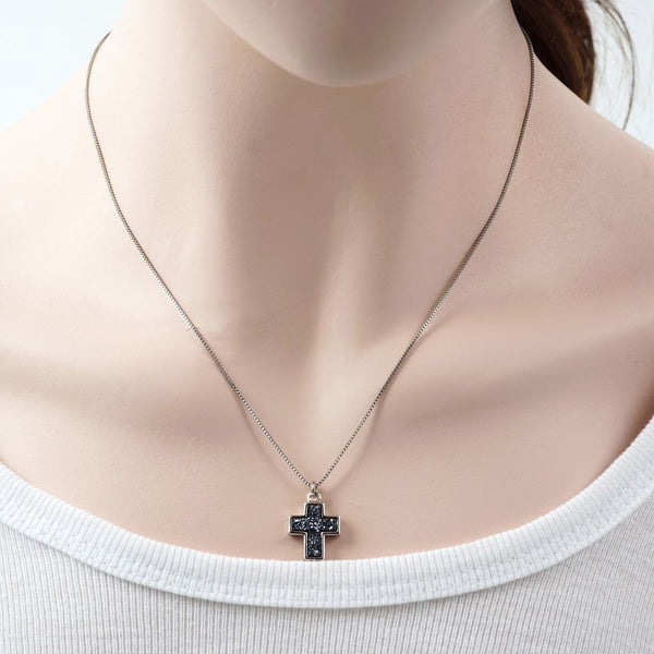 1pc Natural Druzy Crystal Pendant Necklace, Hematite Black Cross Small Gemstone Pendant, 18 inch Stainless Steel Surgical Chain, GGP19-4