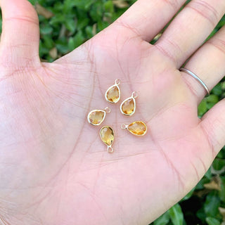 10pcs Grade A November Topaz Yellow Teardrop Birthstone Charm Drop, 18K Yellow Gold Plated Brass, Size Selections: 11x7mm, 14x8mm, 16x9mm