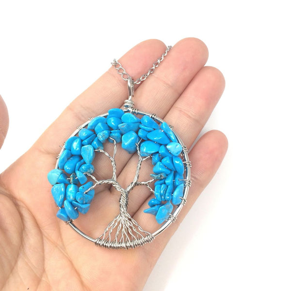 1pc Tree of Life Prosperity Necklace, Natural Blue Howlite Imitation Turquoise Gemstone Pendant, 26 inch Surgical Stainless Steel Chain, GGP9-6