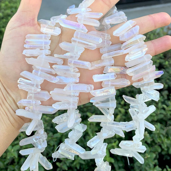 1 Strand Natural Raw Crystal Quartz Gemstone Beads, Small Drilled Stone Points, Clear AB Titanium Coated Stone Stick, 15 Inch, GA2