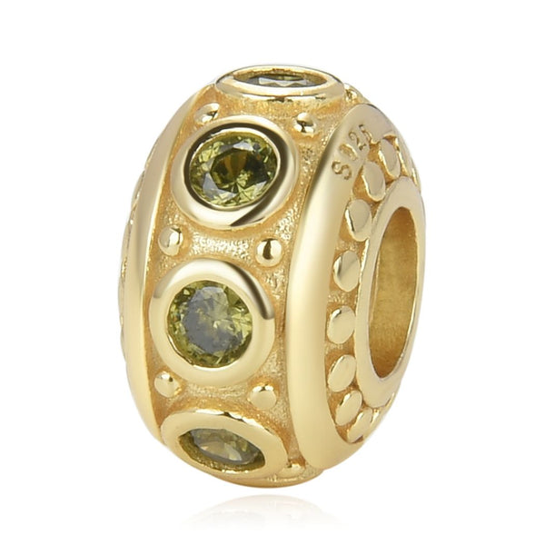 1pc Real Gold Plated 925 Sterling Silver August Birthstone Bead Charm, Peridot Green Cubic Zirconia CZ, 11x6.8mm, Hole ID 4.5mm, EC1-B8