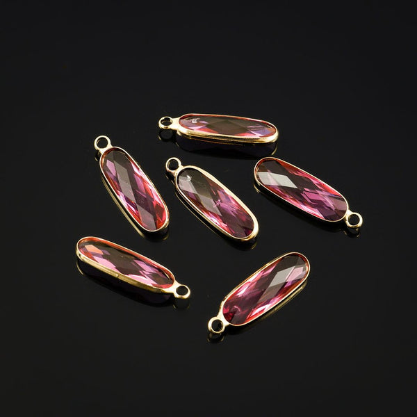 10pcs Grade A July Ruby Red Rectangle Bar Birthstone Charm Drops, 18K Yellow Gold Plated Brass, 21x7mm, CCP8-G7