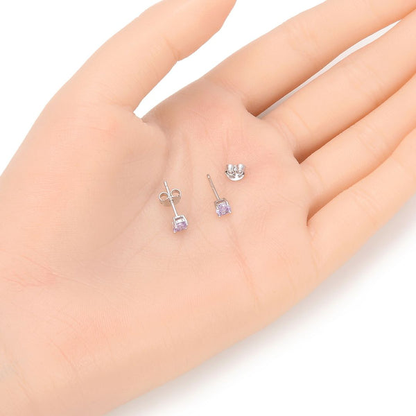 1 Pair 925 Sterling Silver June Birthstone Round Cut Stud Earrings, 4mm/0.25 Carat Small Tiny Cubic Zirconia CZ Alexandrite Stone, SSE78-6