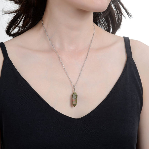 1pc Natural Unakite Jasper Gemstone Pendant Necklace, 18 Inch Surgical Stainless Steel Chain, GGP-E7