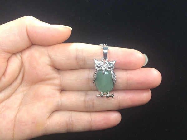 1pc Natural Green Aventurine Gemstone Owl Pendant Necklace, 18 Inch Surgical Stainless Steel Chain, GGP-G5