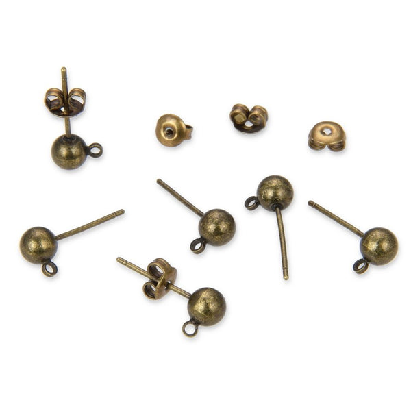 40pcs Ball Earring Posts, Closed Ring, with 40pcs Earring Backs, Antique Bronze Plated Brass, Ball Size Selections: 3mm/3.5mm/4mm/5mm