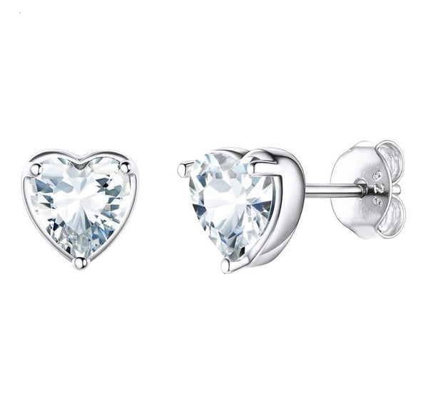 1 Pair 925 Sterling Silver April Love Heart Birthstone Stud Earrings, 6mm/0.84 Carat Cubic Zirconia CZ Created Clear Diamond Stone, SSE79-4