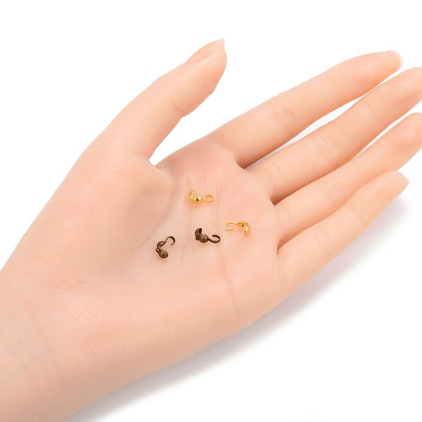 100pcs Clamshell Calotte Bead Tips, 9mm Crimp End Caps, 18K Yellow Gold Plated Brass, Open Hook, 4mm Cup, CF82-2