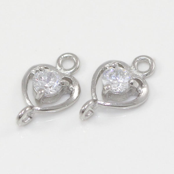 4pcs 925 Sterling Silver Fancy Heart Design Earring Jewelry Connectors, Cubic Zirconia CZ, Tarnish Resistant Rhodium Plated,12x7mm, SS36-BB