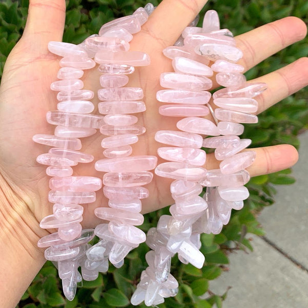 Natural Rose Quartz Pink Crystal Gemstone Stick Point Beads, Irregular, 7mm-23mm Long, Hole ID 1mm 1 Strand/15 Inch, GZ5-10