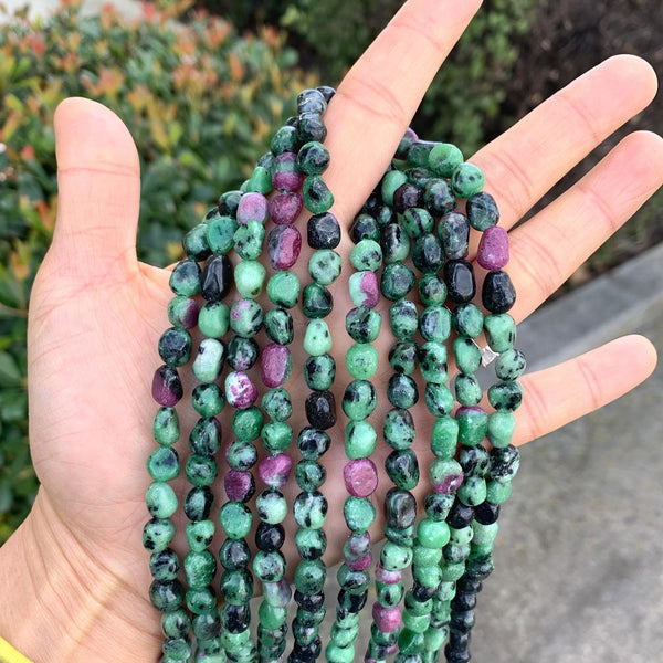 Natural Ruby Zoisite Gemstone Oval Tumbled Pebble Beads, Irregular, 8mm to 10mm, Hole ID 1mm, 15 Inch/1 Strand, GZ12-78