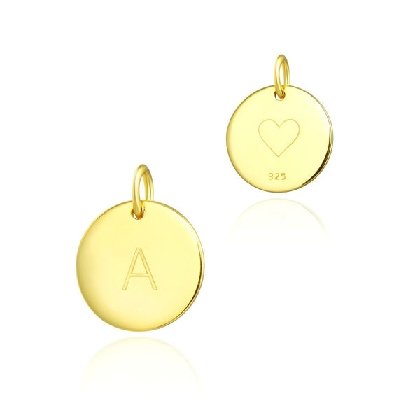 1pc 925 Sterling Silver 12mm Letter A Charm, Real 18K Yellow Gold Plated, Heart Engraved, Name Initial Disc Coin Pendant Drop, SLP-G1