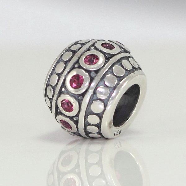 1pc 925 Sterling Silver Round July Birthstone Bead Charm, Red Ruby Cubic Zirconia CZ, 10x8mm, Hole ID 4.5mm, EC1-F7