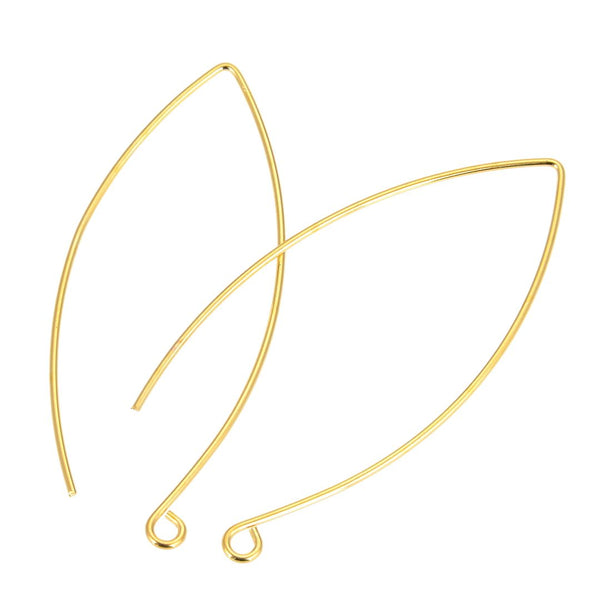 50pcs Marquise Earring Hooks, 18K Yellow Gold Plated Brass, 45mm Long, Wire Gauge Selections: 0.7mm/21 Gauge or 0.9mm/19 Gauge